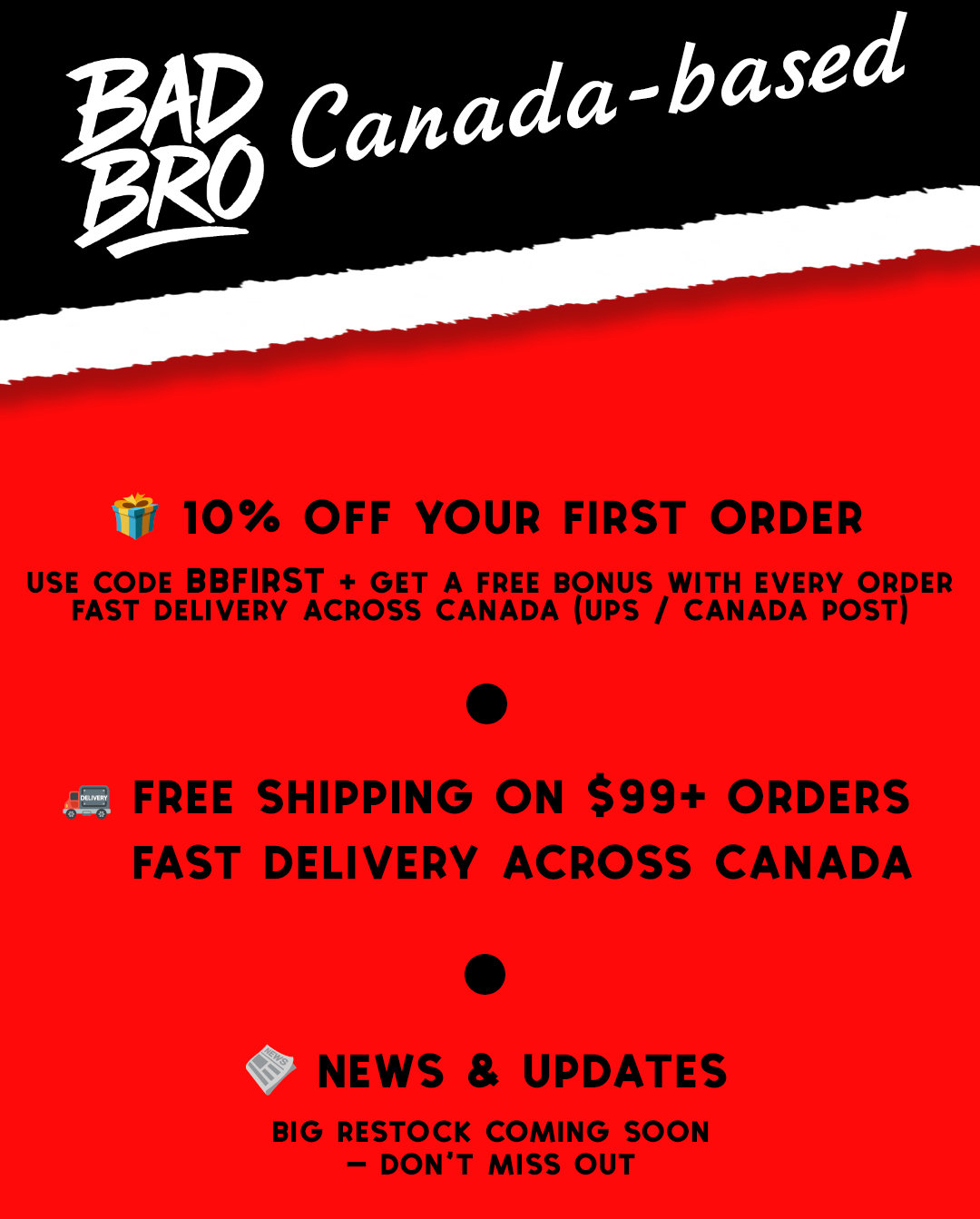 Pop-up offer for nicotine pouches in Canada showing 10% discount for first order, free bonus, and fast shipping across Canada from an Alberta-based store